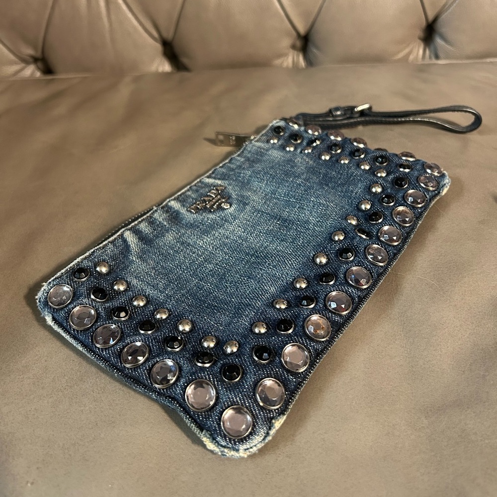💥SOLD💥 PRADA Denim Borchie Wristlet Pouch Bag Authentic with COA cards receipt - Picture 3 of 17